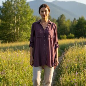 Soft Surroundings Button-Down Top Eggplant M/L Sheer Layered Mauve Purple